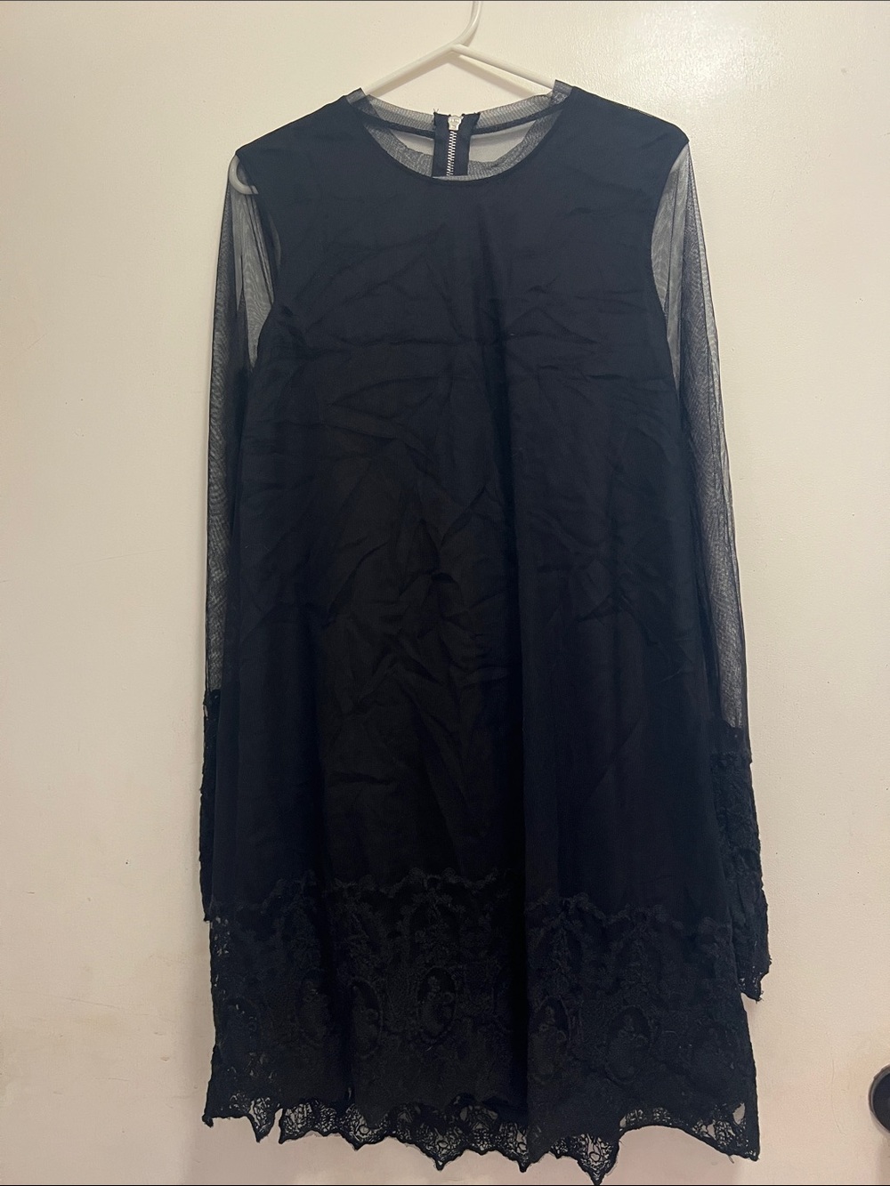 Sheer-Sleeve Black Lace-Hem Long Sleeve Dress